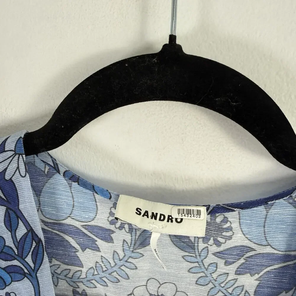Sandro Yana Blue Floral Mini Dress V-Neck Puff Sleeve Linen READ Womens 40 US 8 - Picture 4 of 9